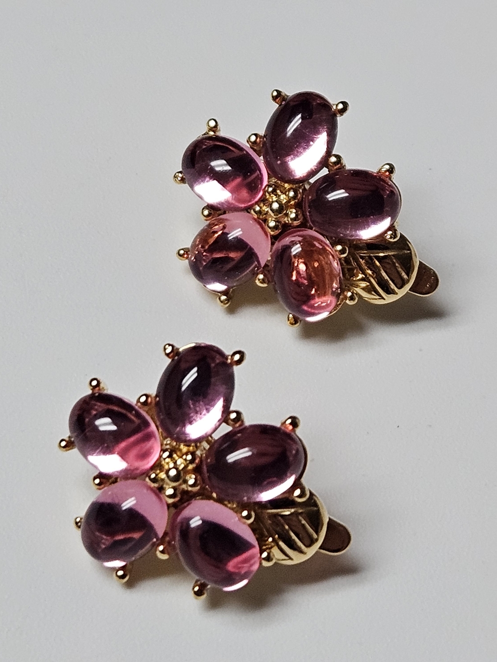 Trifari Gold-Tone Pink Jelly Rhinestone Cabochon Flower Clip Earrings - Signed